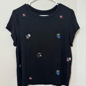 American Eagle Black with Embroidered Flowers Tee